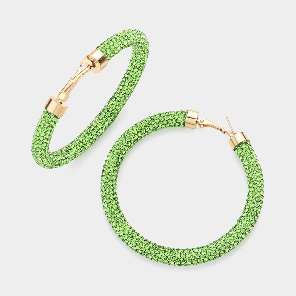 Green Rhinestone Pave Hoop Statement Earrings